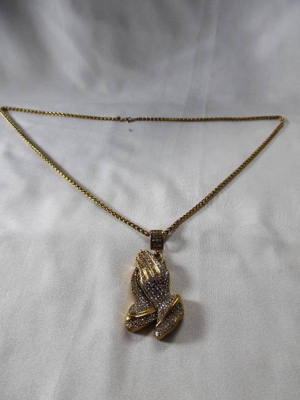 Mens Goldtone Stainless Steel Crystal Praying Hands Pendant