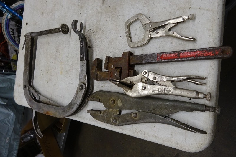 Vise Grip, pipe wrench, clamp 6 clamps