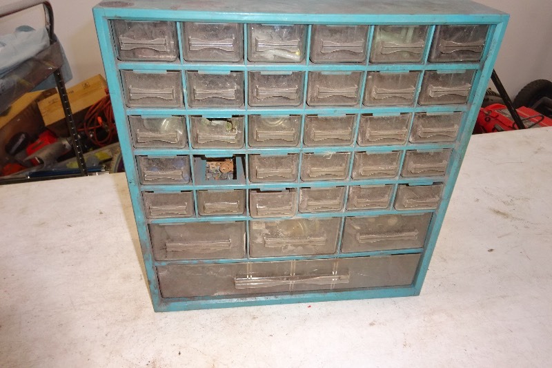 Hardware bin 34 drawer 1  missing, misc items in drawers
