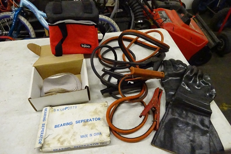 Igloo cloth cooler, jumper cables, rubber gloves, bearing separator, 80 grit sand paper
