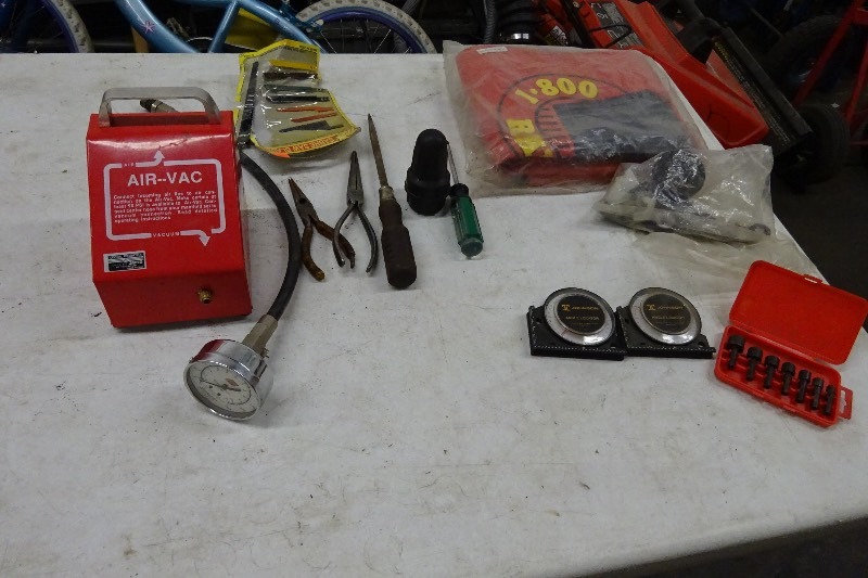 Fender pad, battery post cleaner, needle nose compression gauge, air van, hex heads, screwdrivers and more