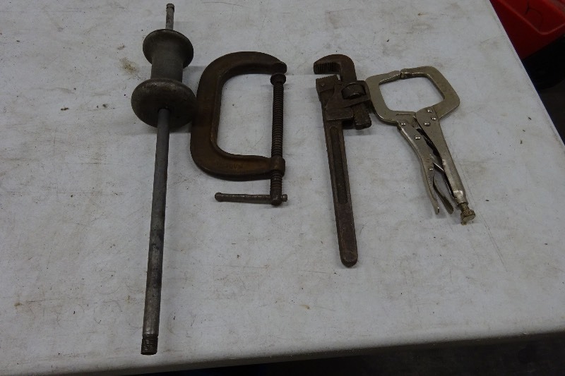 Cornwell Dent puller, c clamps, pipe wrench
