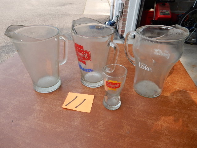 3 Pitchers, Schmidt, Coke, plain, 1 Schmidt beer Glass