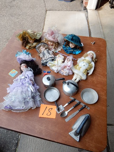 Misc. Dolls as pictured. Porcelain Heads. Vintage Childrens pans