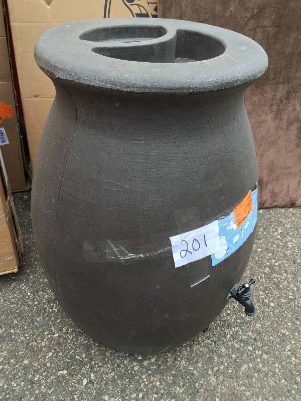 lot 201 image: Castilla 50 gal. Brownstone Decorative Rain Barrel with Planter