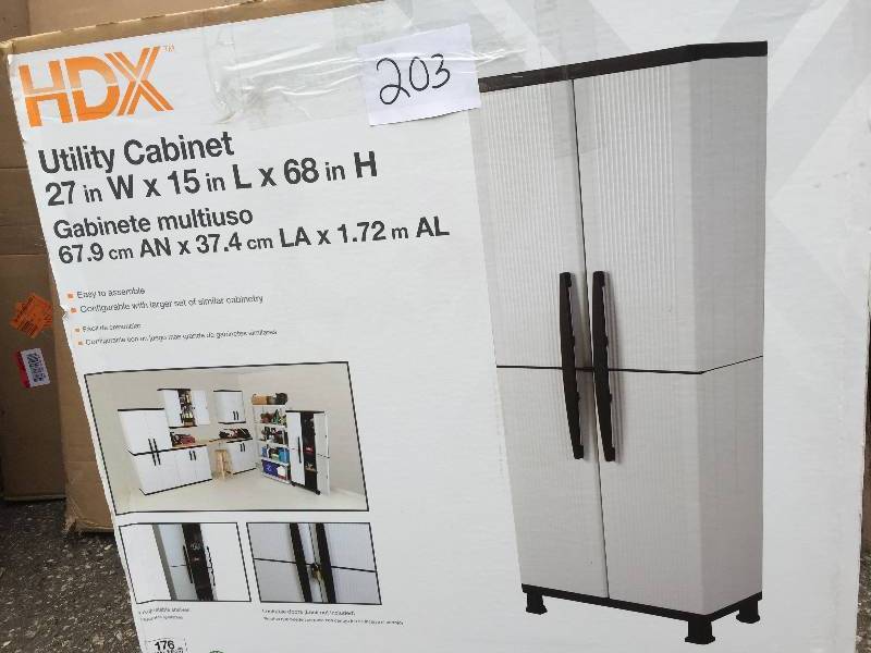 lot 203 image: HDX 27 in. W 4-Shelf Plastic Multi-Purpose Tall Cabinet in Gray