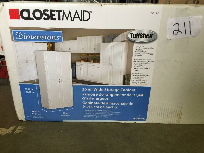 lot 221 image: Closetmaid 36 Laminated 2-Door Raised Panel Storage Cabinet in white