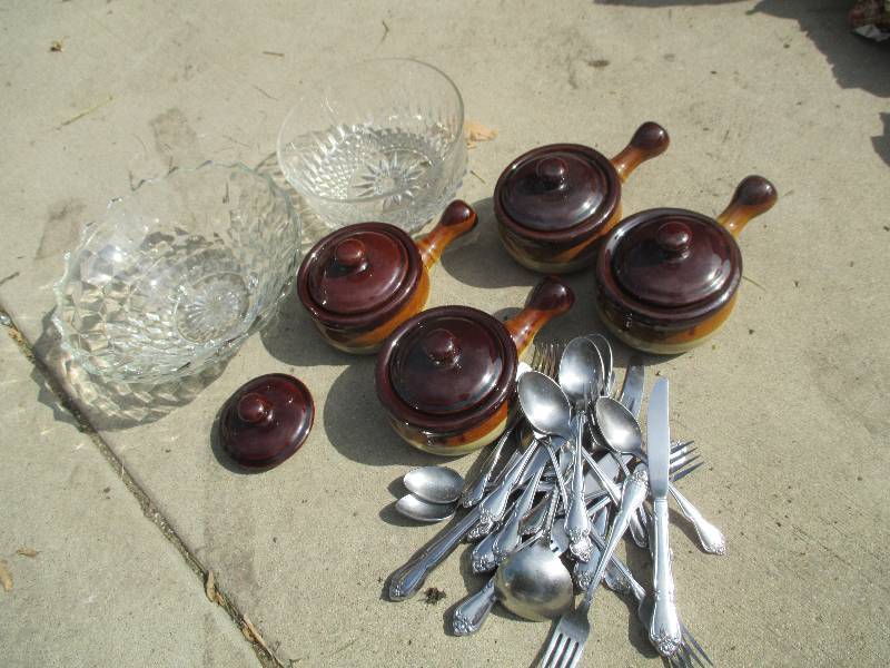 lot 68 image: Earthware pots, cut glass bowls and...