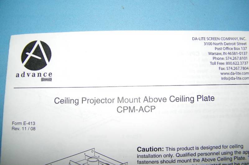 lot 106 image: Da-Lite, Advance, Ceiling Projector Mount Above Ceiling Plate - BRAND NEW