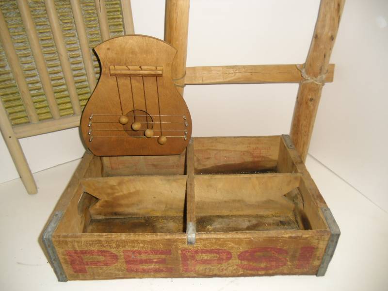 Vintage Wood Collectibles Pepsi Case, Wash Board, Ladder, Hanging Harp