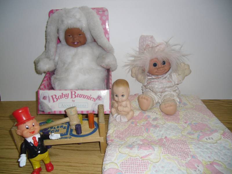 Vintage Babys Room - Handmade Pink Quilt and Toys Anne Geddes Baby Bunnies