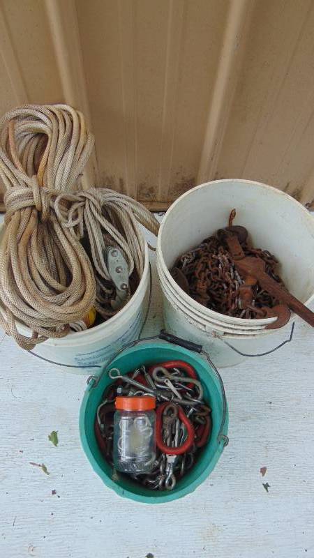 lot 136 image: 3 Buckets of Chains, Rope and Hooks