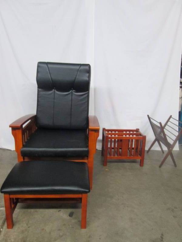 lot 24 image: Wooden Chair with Ottoman and Magazine Racks