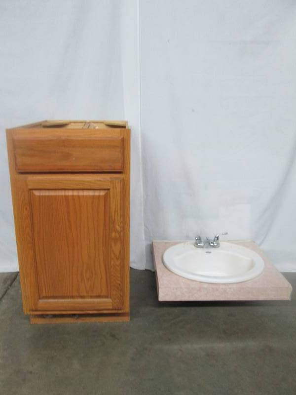 lot 25 image: Wooden Cabinet, Sink Top and KitchenAid Mixer