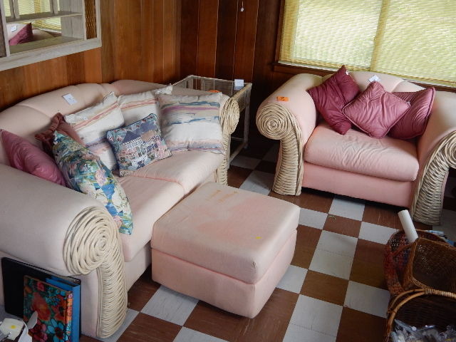 lot 8 image: Couch and Over size Chair with Ottoman.. Rattan Trim.