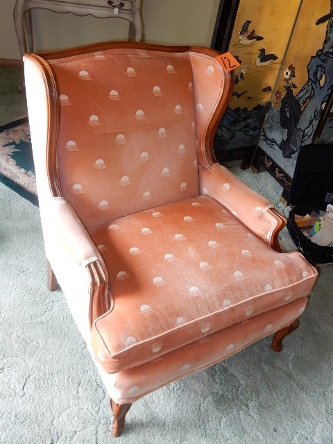 lot 12 image: Wing Back Chair.. Wood and Upholstery