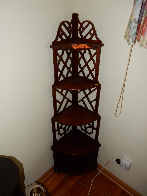 lot 34 image: Nice Corner nik nak unit.  5 shelves..  Walnut wood.. Dark stain.