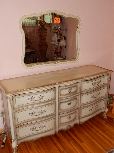 lot 35 image: Nice Bureau and Mirror.   Parchment Color with dark edges