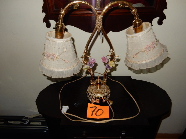 lot 70 image: Fancy Brass based lamp with china rose dcor.  2 Ruffled Shades with floral design.