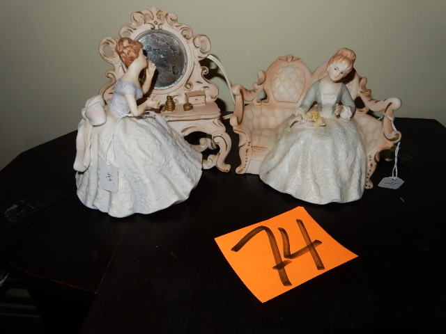 lot 74 image: 2 nice  porcelain lady statues, dressing table.. Sitting in the parlor