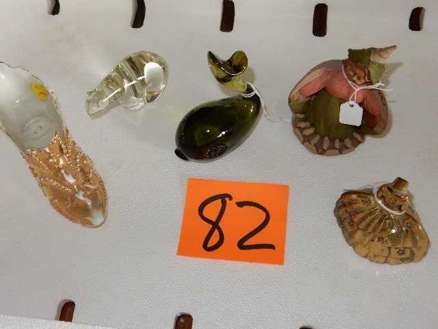 lot 82 image: Fostoria Whale, Blown Glass Bear, Clamentine 1994 Cairns Signing Day, Brass Bell, Porcelain shoe with gold inlay.