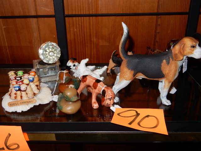 lot 90 image: Dog statues,, Shell Concert, music Box with big horn (raindrops keep falling on my head.. Plays very slow).