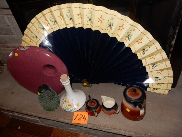 lot 124 image: Misc. Decorative items.. LARGE Oriental FAN with Brass Base, Large Vase, other pots and vases as shown
