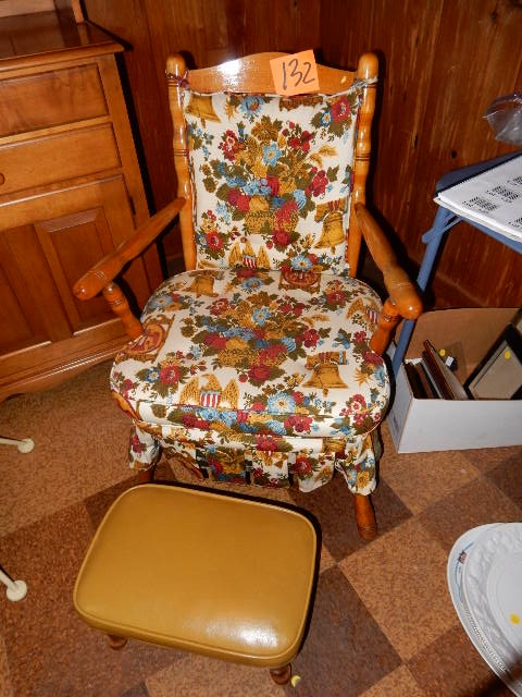 lot 132 image: Maple side occasional chair.. Upholstered seat with top pad.. Back rest same material.. Small foot stool