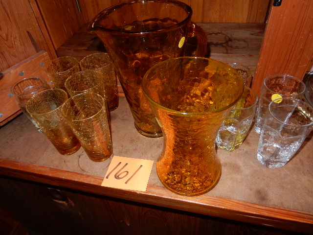 lot 161 image: CRACKLE Glass pitcher, vase and glasses.. Other glasses as pictured