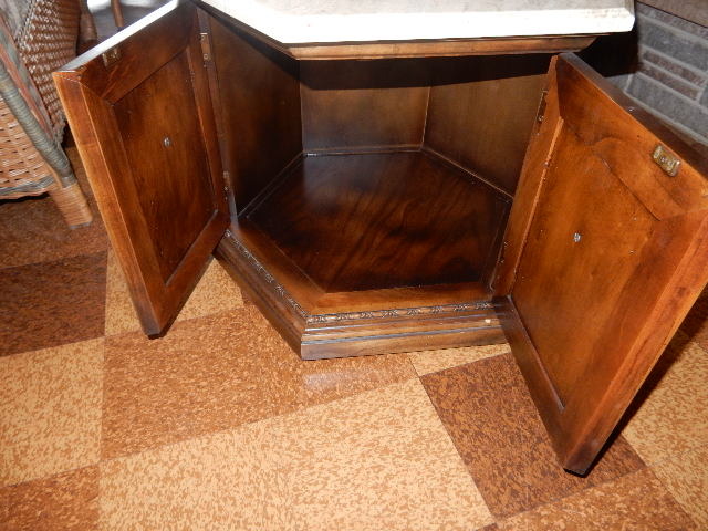 lot 45A image: Hexagonal end Table with  Marble top. Opening Cabinet
