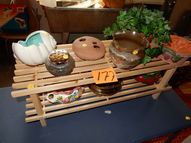 lot 177 image: Wooden 2 level stand, plus Vases as shown