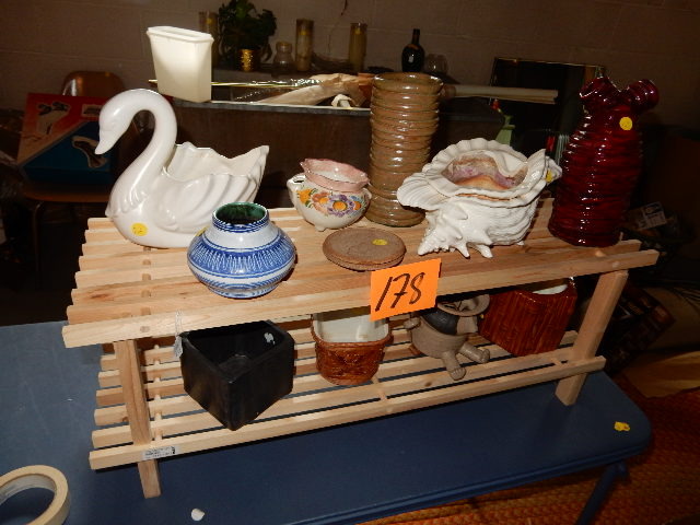 lot 178 image: MIsc. vases and pots. On wooden stand
