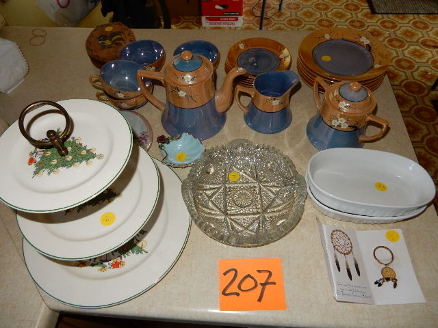 lot 207 image: 3 level Christmas serving plate, Tea Set, St Josephs Indian School key chain.