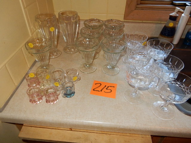 lot 215 image: 7 Tulip Sundae dishes, 6 Crystal Sherbets, 2 malt glasses, small rootbeer cups.
