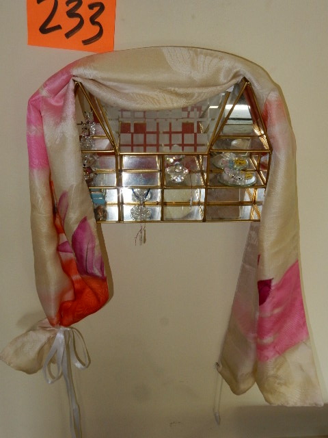 lot 233 image: Glass and Brass with mirrorred back shadow box and small decorative items.. Silk Scarf