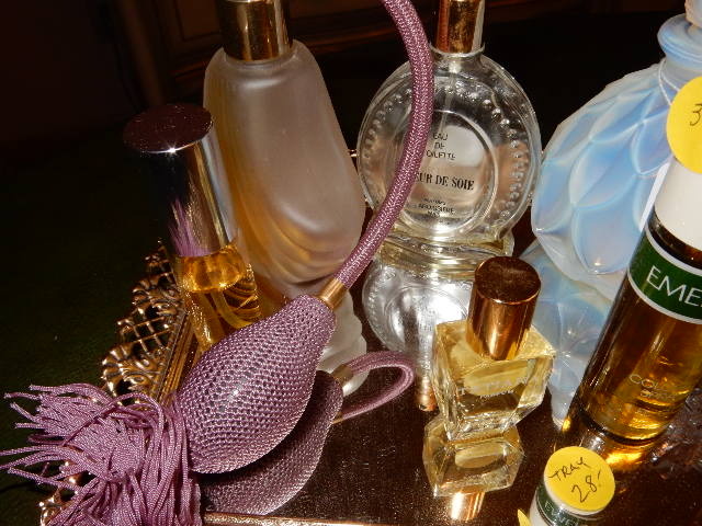 lot 2J image: Jewelryperfume tray. Mirrored.  Misc. Perfumescolognes as pictured