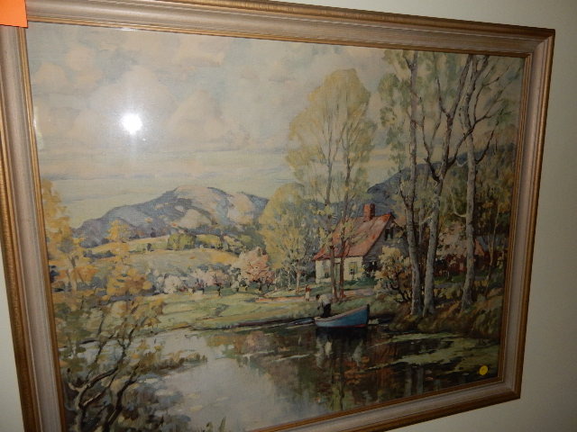 lot 247 image: Cabin by the mountain stream in the woods.. 33in x 25in