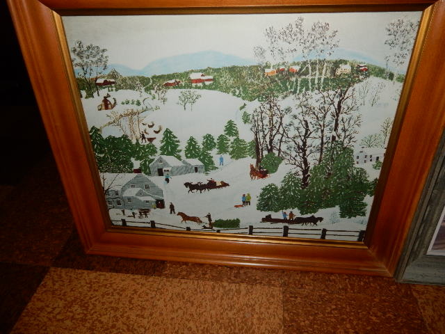lot 251 image: Getting the Christmas Tree  by Grandma Moses, Nice lake home picturein winter