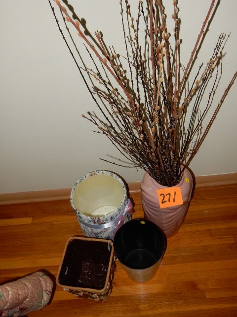 lot 271 image: 3 fancy decorated waste baskets.. Tall porcelain urn with Pussy willow display