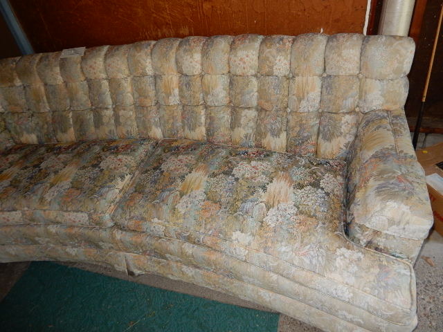 lot 45B image: Custom TUFTED Sofa� Needs some cleaning, but in very good shape  Has a BEND to it.. VERY COOL..  Floral design