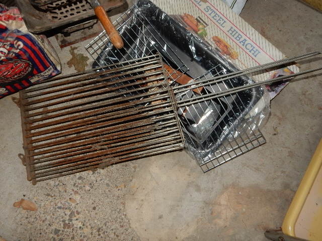 lot 297 image: 3 Hibachi type grills.. 1, clamp shut, hanging meat holder.. Heavy duty material.