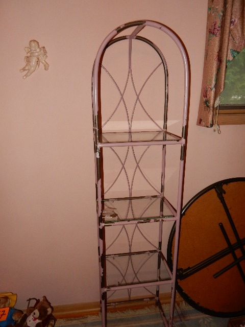 lot 238 image: Arch topped. Shelf.. Metal and Glass