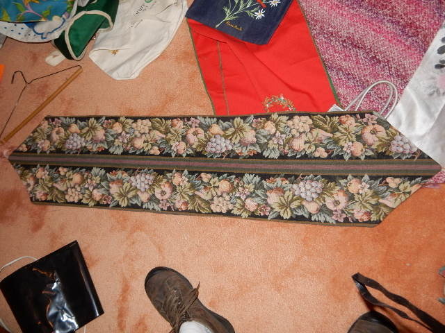 lot 256A image: Misc. Cloth items. 2, Table runners, womens knit shawl, oriental silk picture