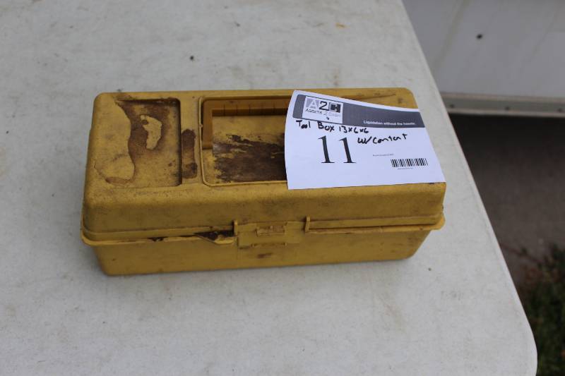 lot 11 image: Tool Box wContents Including Adjustable Wrench Ratchet Pliars, And More 13 x 6 x 6.