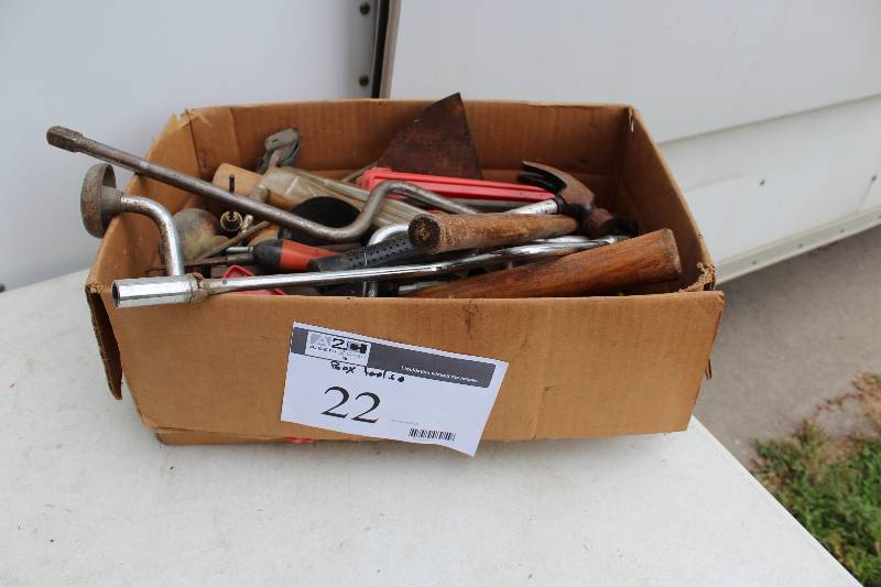 lot 22 image: Box Lot Including Hammers Screw Drivers Metal Picks And More.