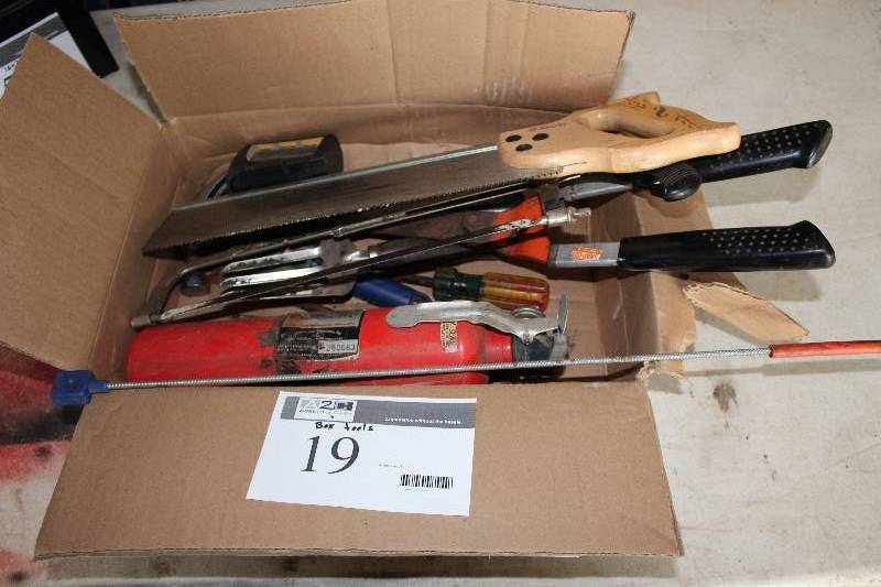 lot 19 image: Box Lot Including Hand Saws Pruning Shears Hammer And More.