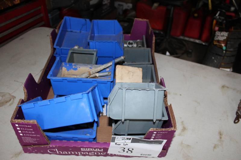 lot 38 image: Box Lot Including Plastic Containers Metal Pipe Fittings And More.