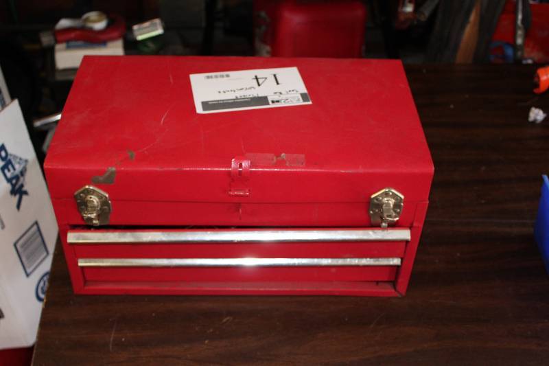 lot 14 image: Tool Box Lot Including Tool Box, 17 x 10 x 9 Sockets Wrenches Ruler And More.