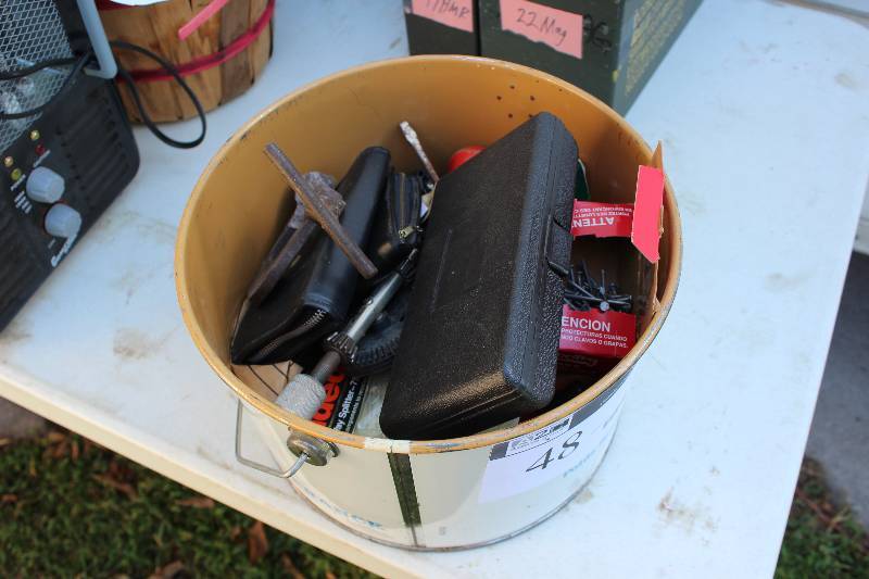 lot 48 image: Bucket Lot Including Two-Way Video Splitter Box of Nails Buffing Pads And More.