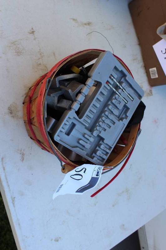 lot 50 image: Bucket Lot Including Plastic Bit Case Metal Clamps And More.